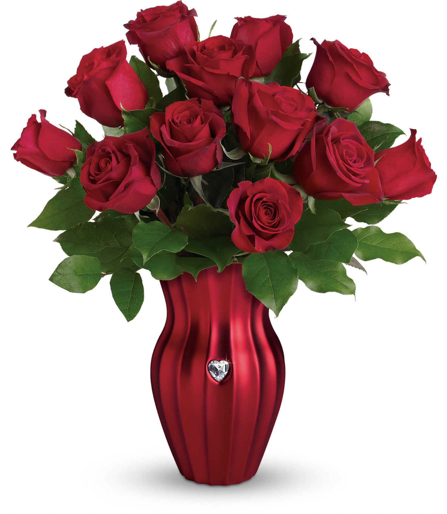 Teleflora's Heart Of A Rose Bouquet PM - Your love shines through in this stunning Valentine's Day bouquet! Surprise that special someone with a majestic mix of classic red roses and fresh lemon leaf, hand-delivered in a graceful, satin red ceramic vase with a shimmering rhinestone heart accent. 