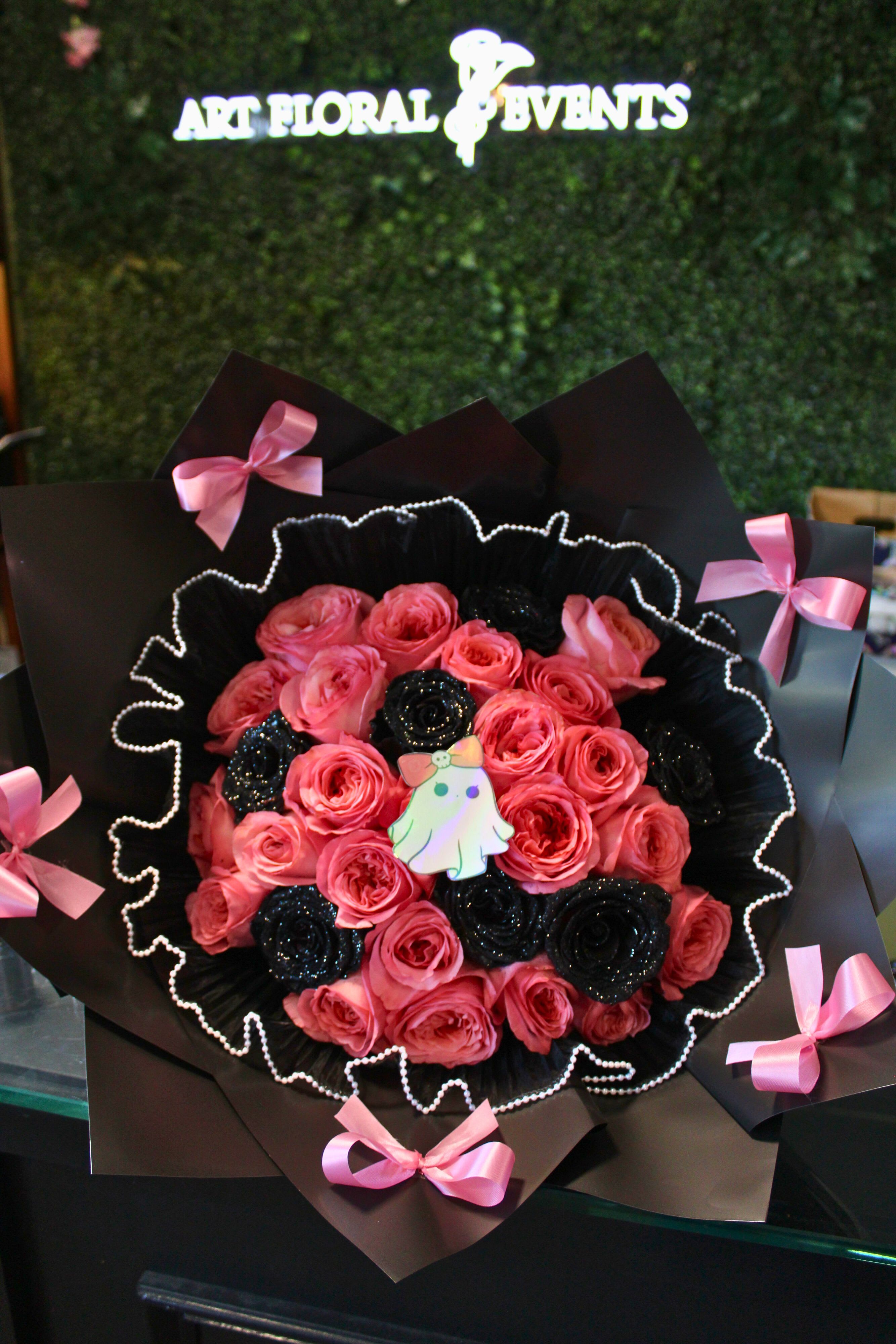 For My Boo- Pink - Halloween Inspired Bouquet 30 all natural roses, pearl mesh, pink accented ribbon, ghost sticker, fairy Lights *NO VASE INCLUDED*
