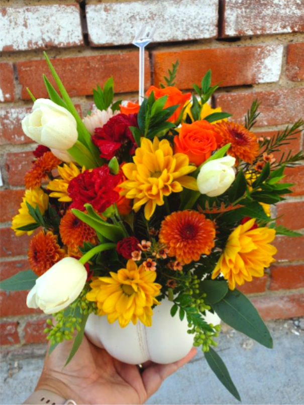 Hello Pumpkin - AVAILABLE DURING FALL  Mixed fall flowers with white tulips