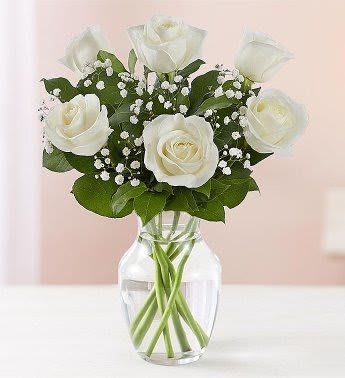 White roses in a clear glass vase with baby's breath