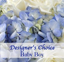 Blue and white hydrangea bouquet with a "Designer’s Choice Baby Boy" label