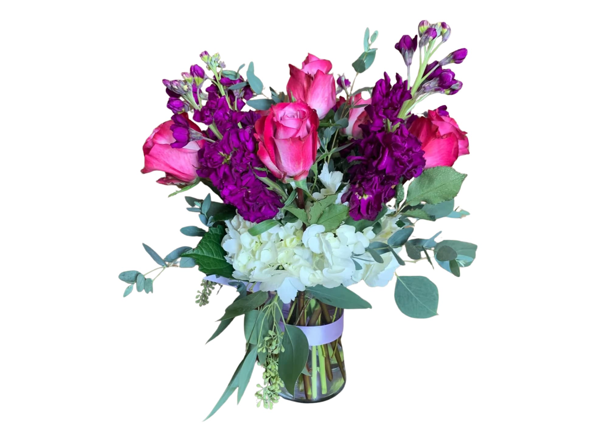 Stylish Spring - Beautiful and elegant arrangement of roses, stock and hydrangea and more. 