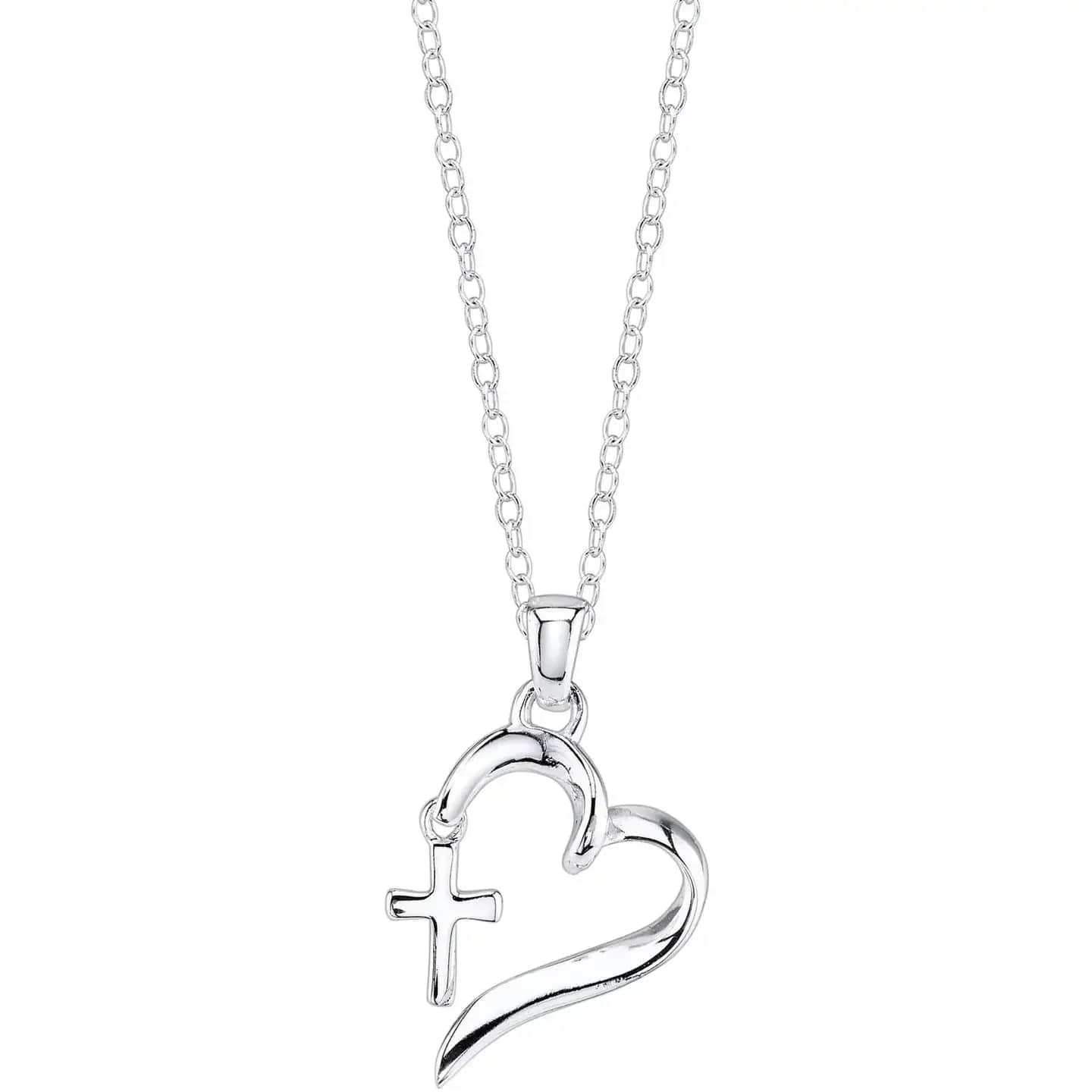 Silver necklace with a heart and cross pendant on a white background