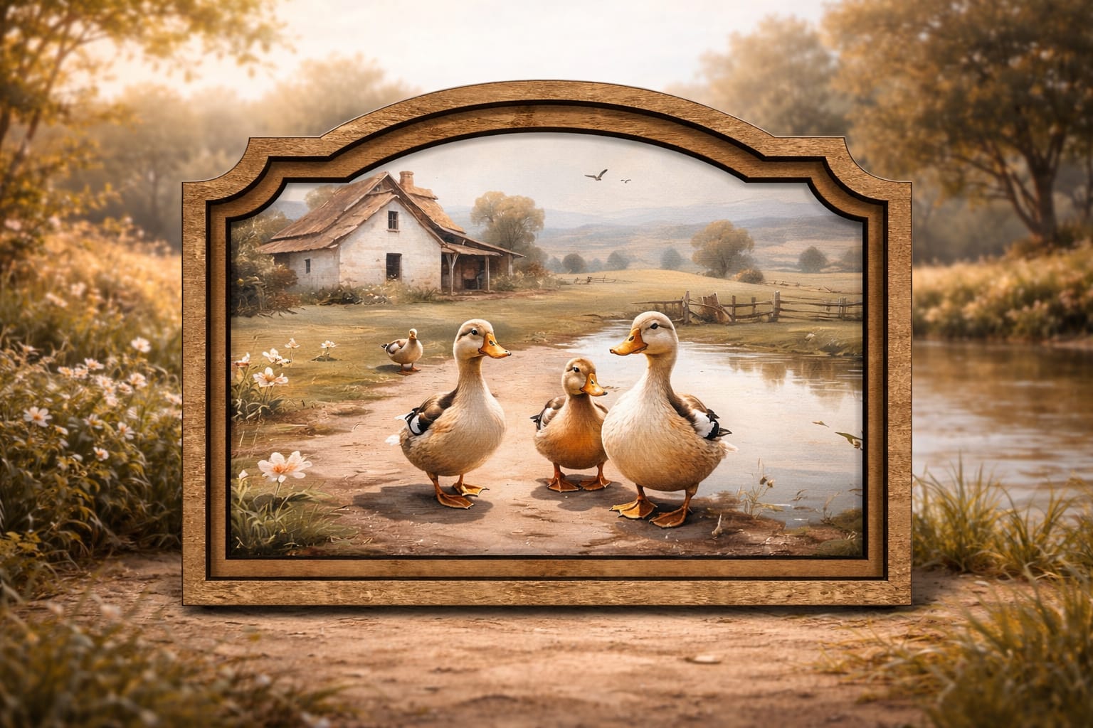 Farmhouse Ducks Framed Art  - Unique canvas framed artwork.   10x9x0.8in.
