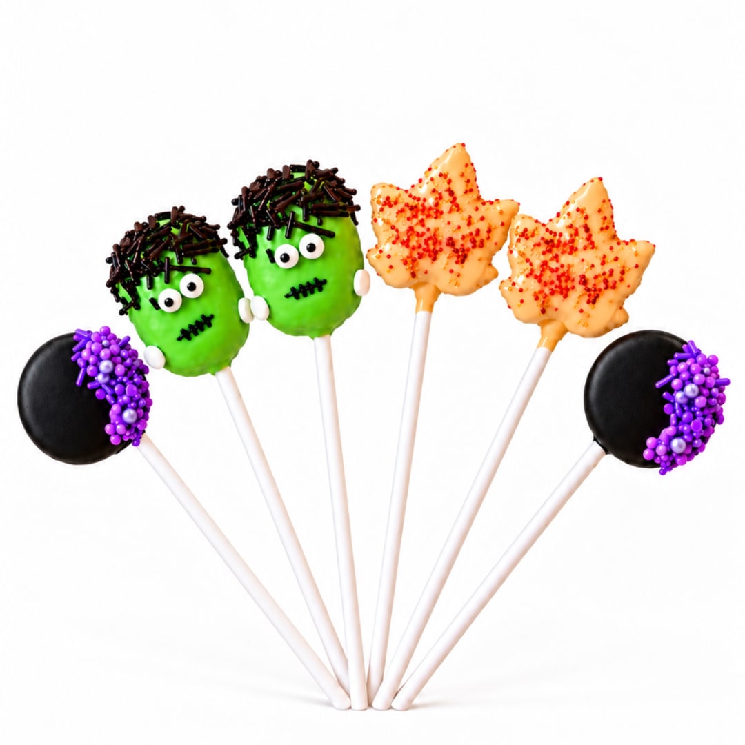 Halloween cake pops shaped like Frankenstein heads and maple leaves