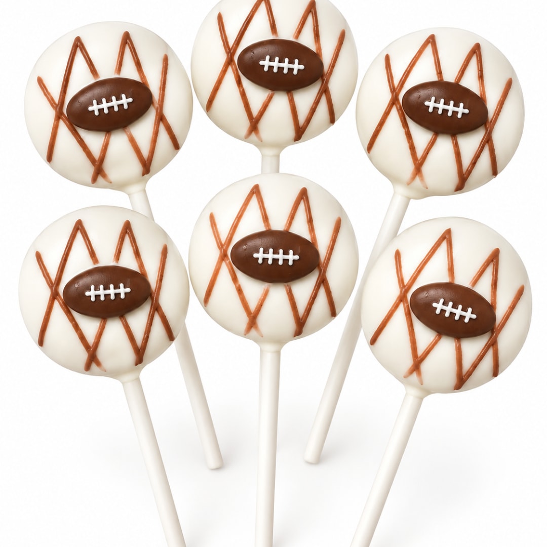 Football-themed cake pops on white sticks