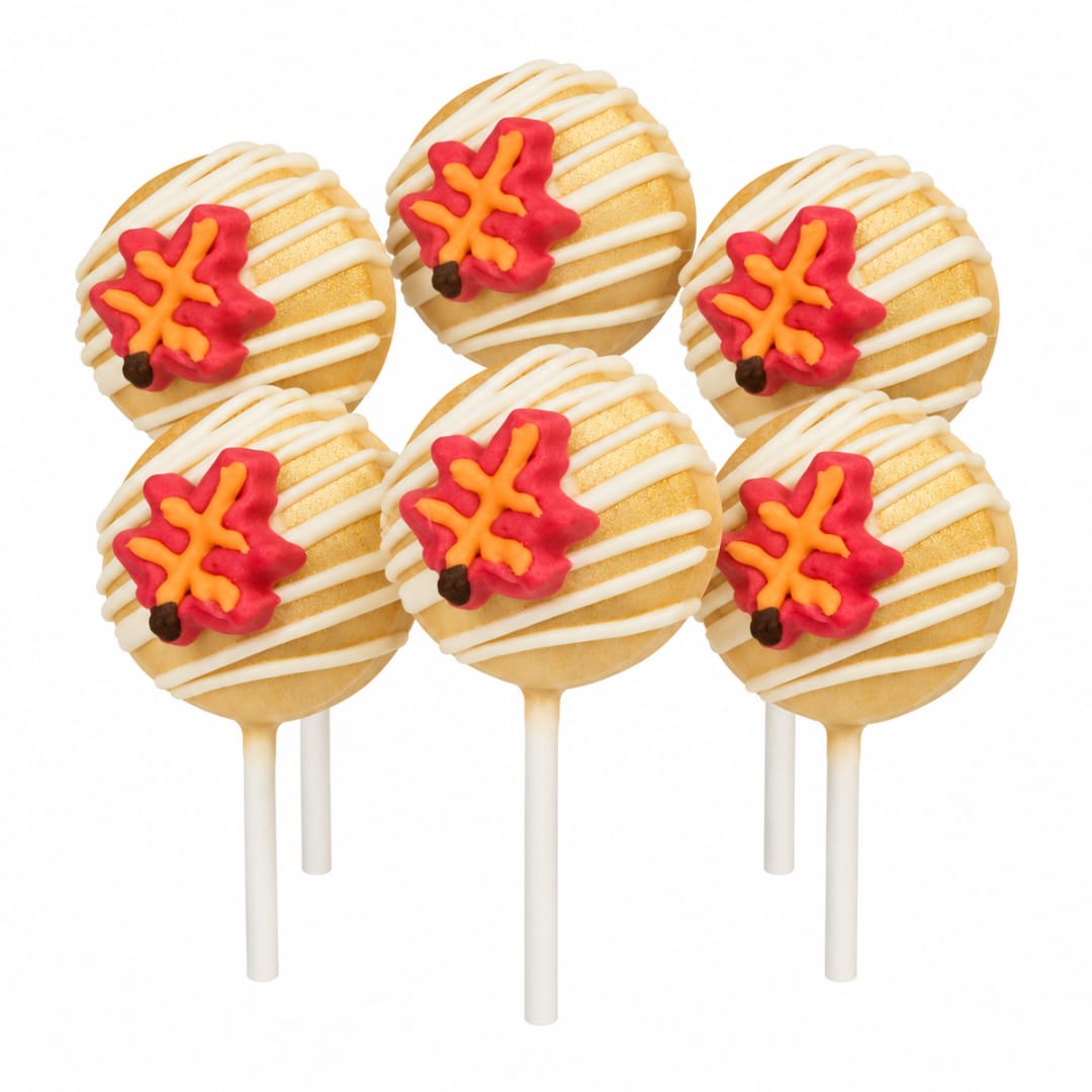 Six decorated cake pops with autumn leaf designs on white sticks