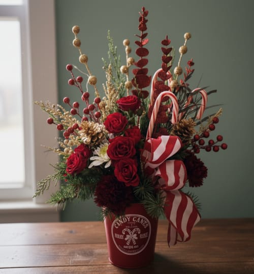 Candy Cane Flowers - Candy Cane is a perfect gift for Christmas when you are ordering flowers. A beautiful selection of seasonal flowers accented with winter greenery topped with candy canes to go with the Christmas theme.  This is a wonderful last-minute gift or if your special person has everything and you don’t know what to get them.  This holiday season when you are thinking of having flowers delivered for your special Christmas gifts, we encourage you to choose flowers for the special people in your life.  We are a local family-owned florist in Olympia, WA.  We do same-day delivery for all your special Christmas gifts in Thurston County and the surrounding areas.  Our team at Specialty Floral Design is prepared and ready to make your holiday season a happy one for your friends and family.   