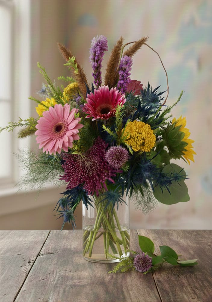 Tall mixed bouquet with pink gerbera daisies, yellow blooms, and purple accents in a clear glass vase