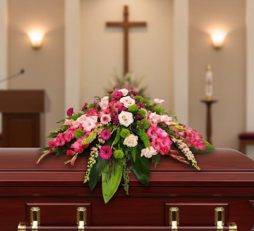 Heartfelt Farwell Casket Spray - Heartfelt Farewell Casket Spray – Funeral Flowers in Olympia, WA  Celebrate a cherished life with the Heartfelt Farewell Casket Spray, a beautiful tribute in soft and raspberry pink hues. This elegant arrangement features gladiolus, vibrant gerbera daisies, classic roses, delicate dianthus, and lush tropical greenery, thoughtfully designed to express love, warmth, and remembrance.  Perfect for a final farewell, this casket spray offers a tender and uplifting way to honor the unique spirit of your loved one. Each arrangement is handcrafted to reflect care, dignity, and the individuality of the person being remembered.  At Specialty Floral Design, your local florist in Olympia, WA, we specialize in custom, one-of-a-kind funeral flower arrangements. We provide prompt, respectful flower delivery to local funeral homes including Mills &amp; Mills Funeral Home, Woodlawn Funeral Home, and Funeral Alternatives in Olympia, Tumwater, and Lacey, WA, as well as surrounding areas.  Let the Heartfelt Farewell Casket Spray honor your loved one with a meaningful, handcrafted floral tribute that expresses love, remembrance, and comfort.   