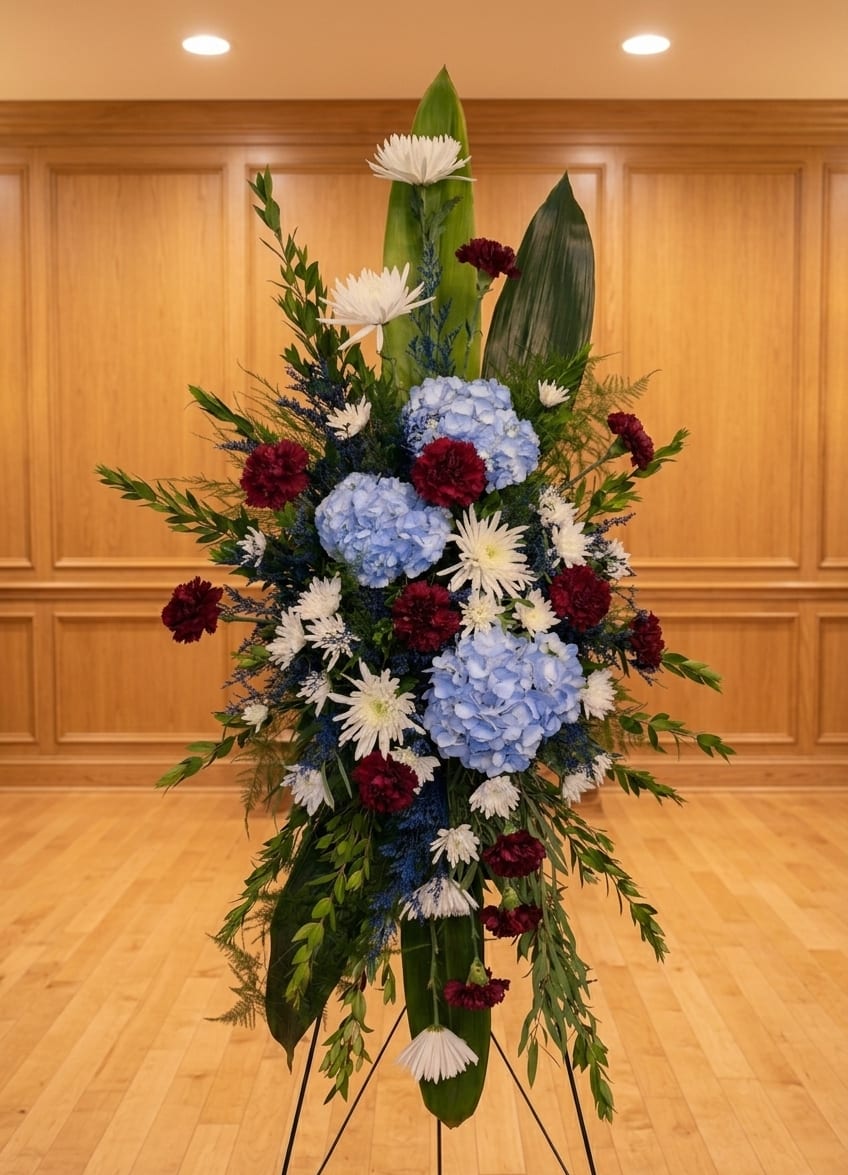 Tall standing spray with blue hydrangeas, white mums, red carnations, and large green leaves on an easel.