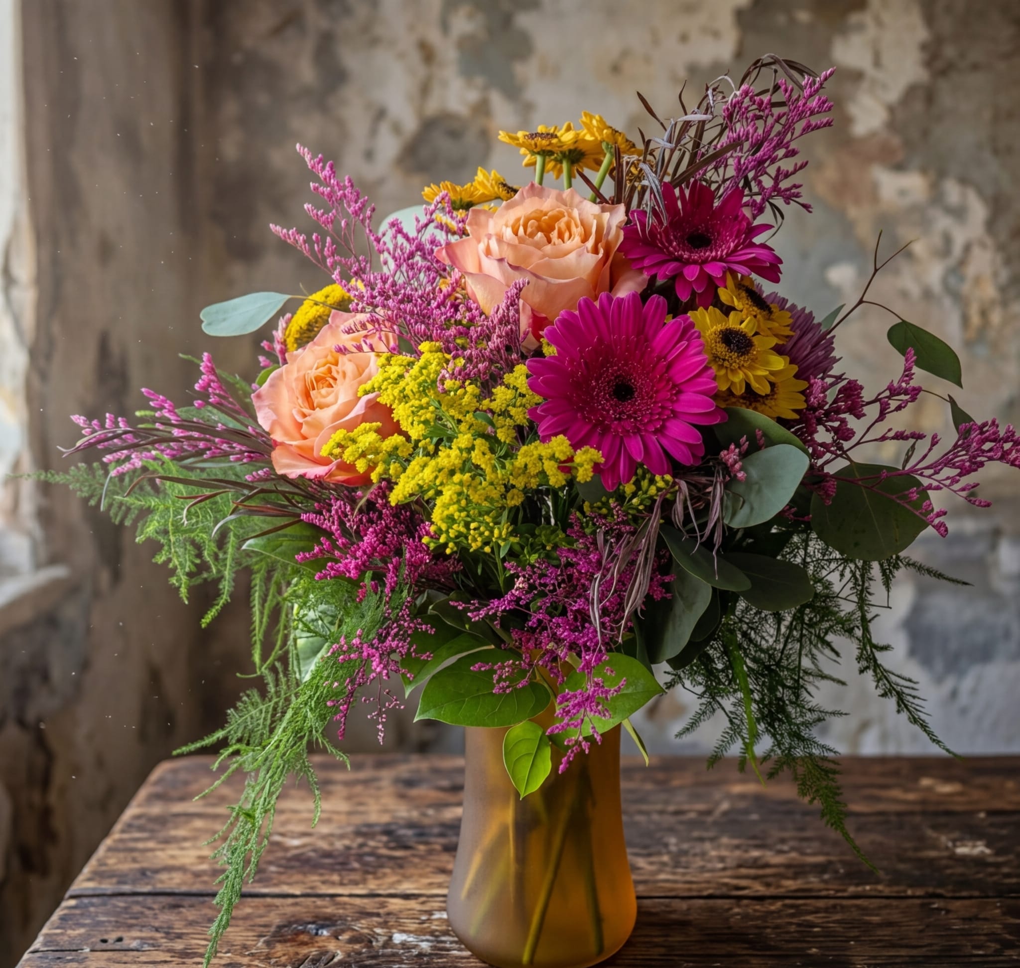 Bright mixed bouquet of peach roses, pink gerbera daisies, and yellow blooms in an amber glass vase