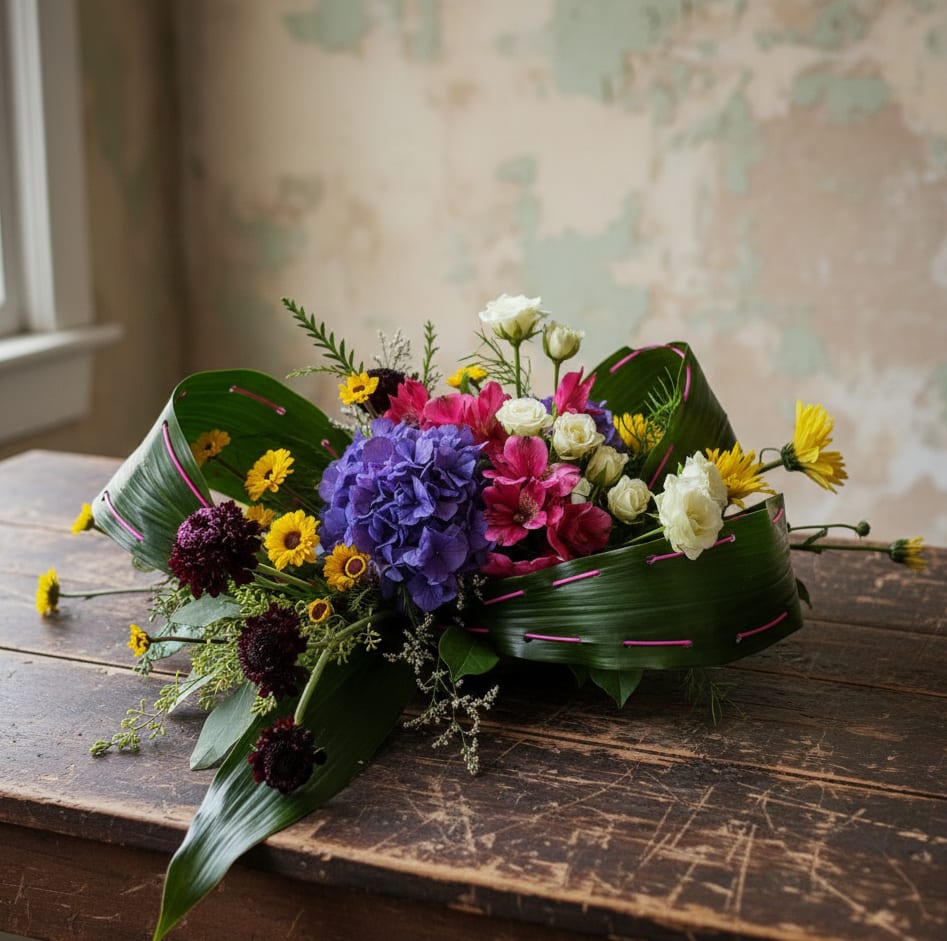 Low modern arrangement of purple, pink, yellow, and white flowers framed by looped broad green leaves.