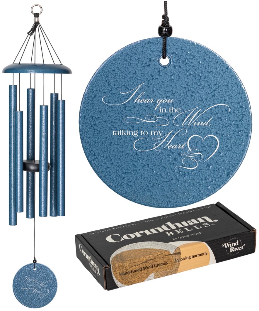 Corinthian Bells I Hear You In The Wind 27" Wind Chime - Sky Blue - A beautiful wind chime with a clapper inscribed with the following message: "I hear you in the Wind Talking to my Heart"  Tuned to the scale of C  Corinthian Bells are handcrafted in Virginia, with American sourced supplies.