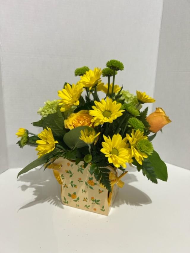 Yellow daisy bouquet in a floral paper box