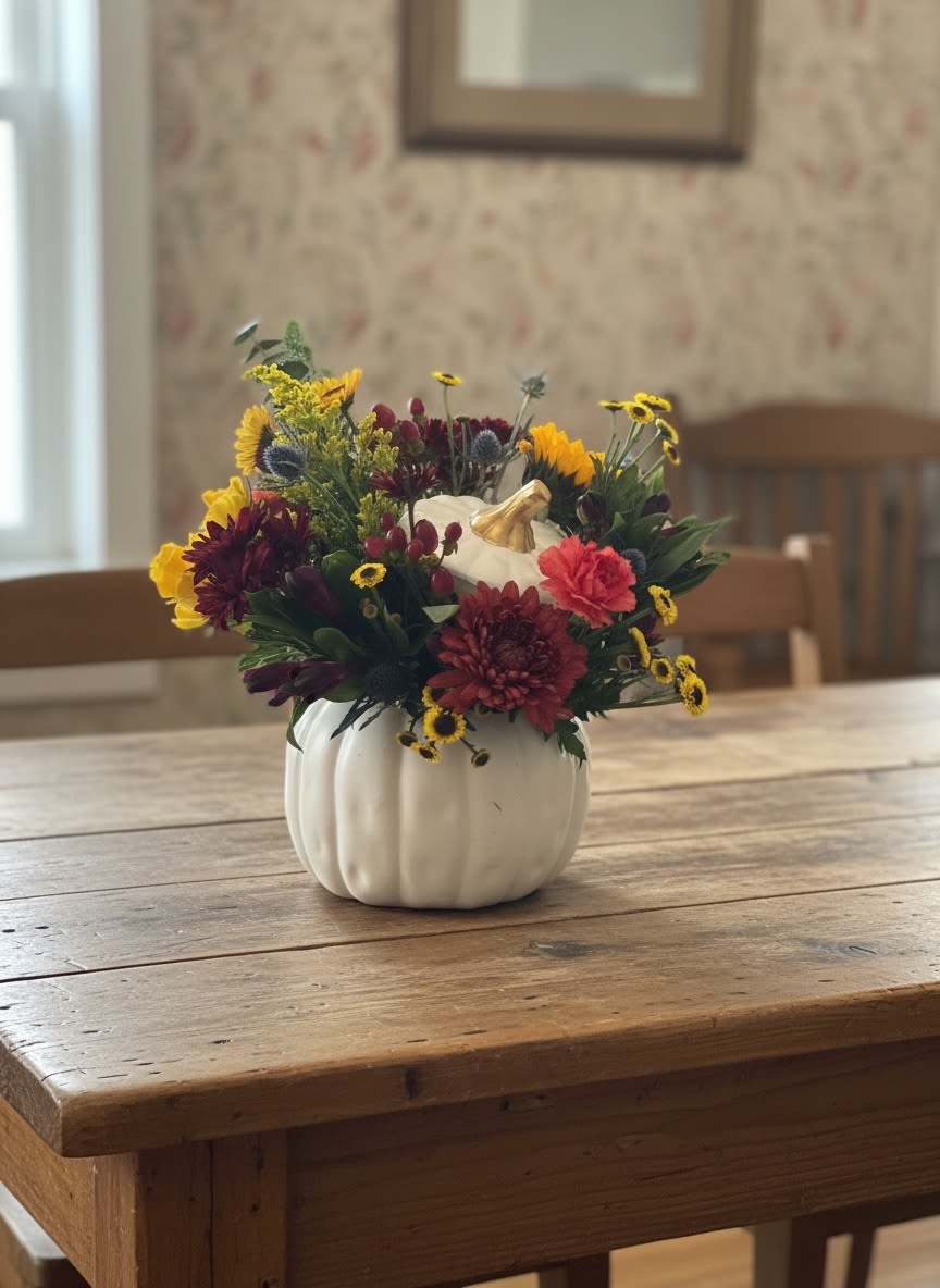 Mixed fall flowers arranged in a white pumpkin-shaped vase