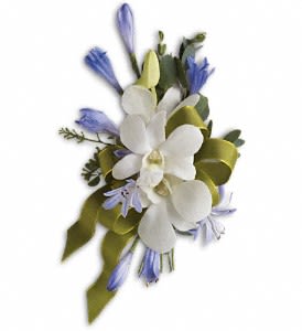 Blue and White Elegance Corsage - Reach for the sky with blue agapanthus and white dendrobium orchids.  Blue agapanthus and white dendrobium orchids are bundled with eucalyptus.  Approximately 4 1/2" W x 8" H  Orientation: N/A