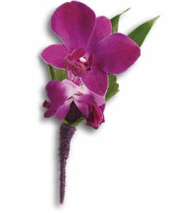 Perfect Purple Orchid Boutonniere - An exotic pick with confidence and style.  Purple dendrobium orchids, Italian ruscus and a galax leaf bundled in a purple satin ribbon.  Approximately 2 1/2" W x 5 1/4" H  Orientation: N/A