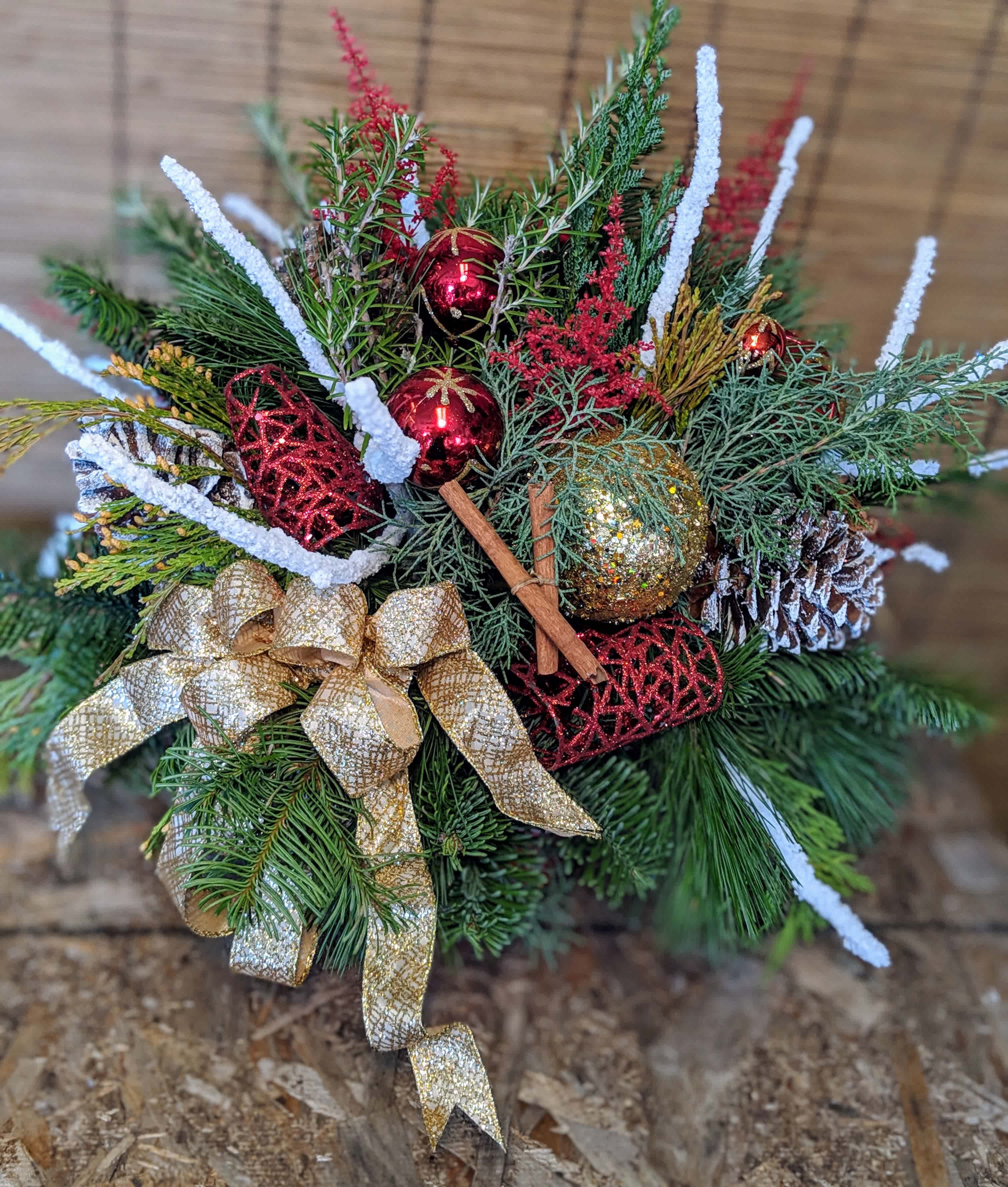 Christmas Cheer - Mixed Christmas Greens with Festive Decor, Pine Cones, Snow Branches and Holiday Ribbons. A great gift to last all thru till the  New Year ! 