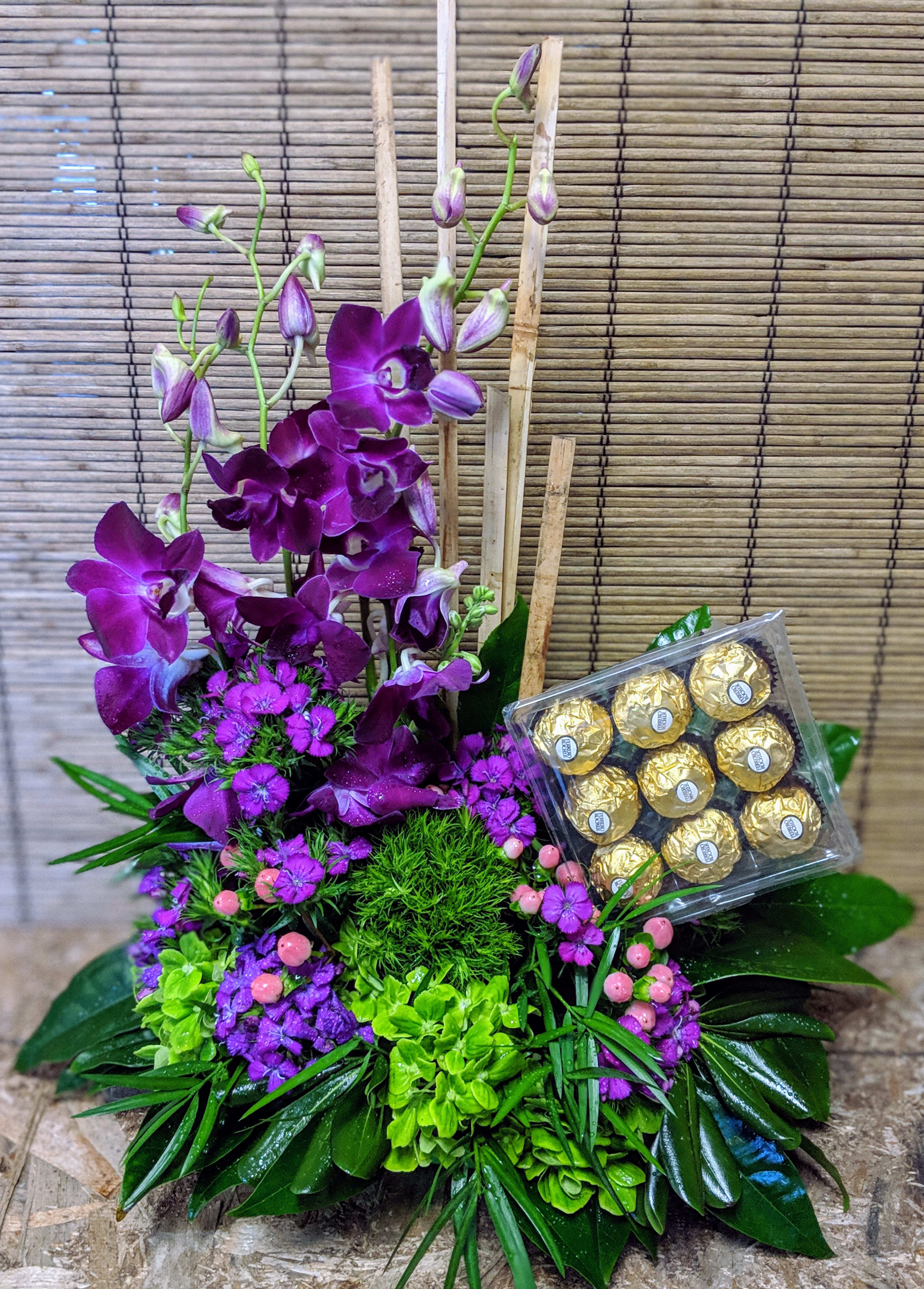 Orchids, Tropicals, &amp; Ferrero Roche Chocolates Original  by Chatsworth Florist - Purple Orchids and Other Select Tropical Flowers &amp; Ferrero Roche Chocolates, Good enough to enjoy !  