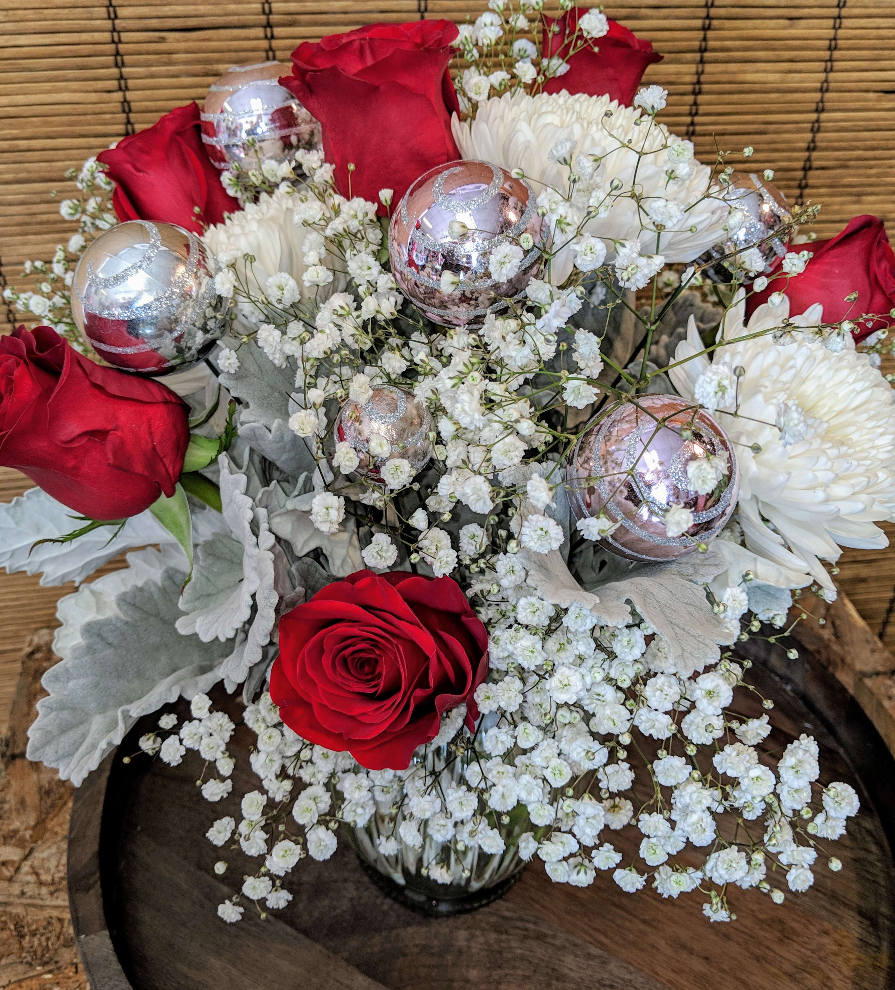 Christmas Roses ,Silver Ornaments, and Snowy Babies Breath Original By VNF - Red roses, nestled in Snowy Babies Breath accented with  Shiny Silver Ornaments, perfect for a desk or coffee table