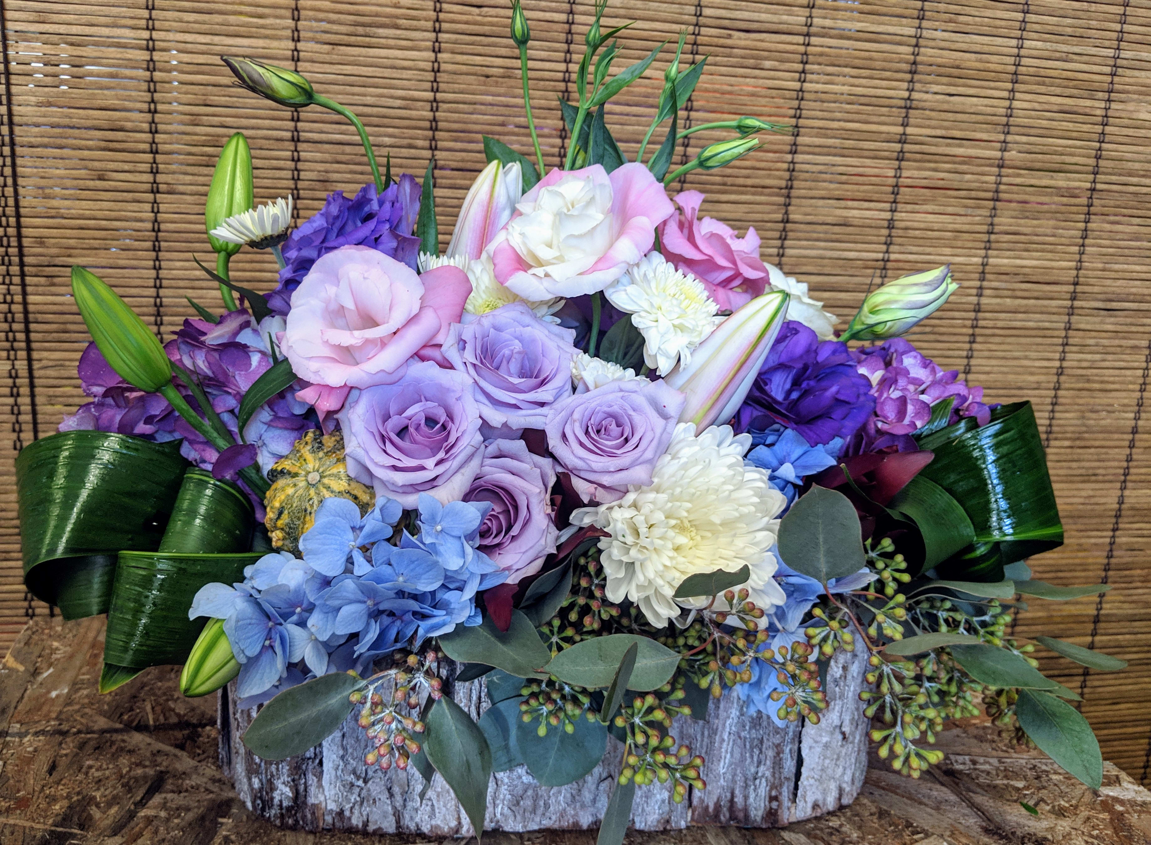 Winter Pastels - Pale Lavender, Pink, Blue and Green Blossoms in  a charming wooden Winter Box  a perfect gift for any occasion