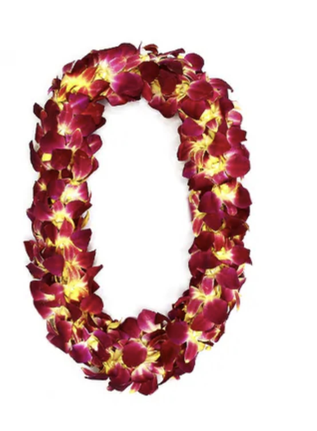 A lei made of deep pink and yellow orchid petals