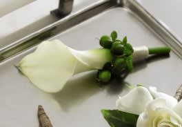 White calla lily boutonniere with green berries