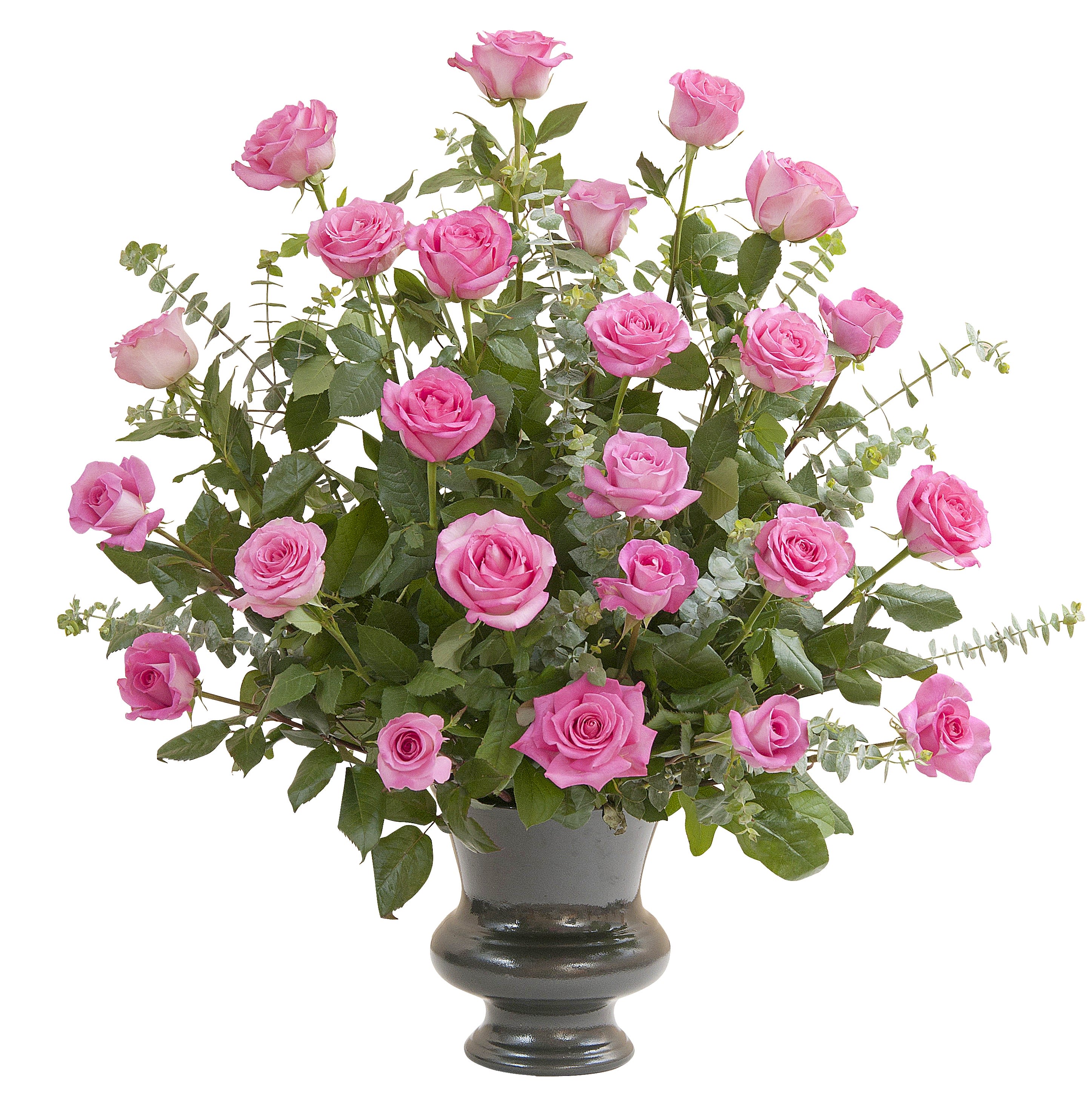 Pink roses arranged in a dark vase with airy greenery