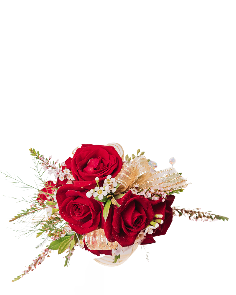 Red roses with small white flowers and gold ribbon accents