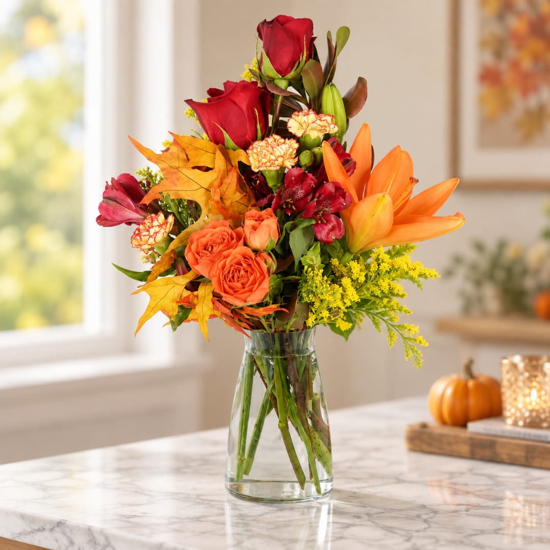 Autumn bouquet of red roses, orange lilies, and yellow filler in a glass vase