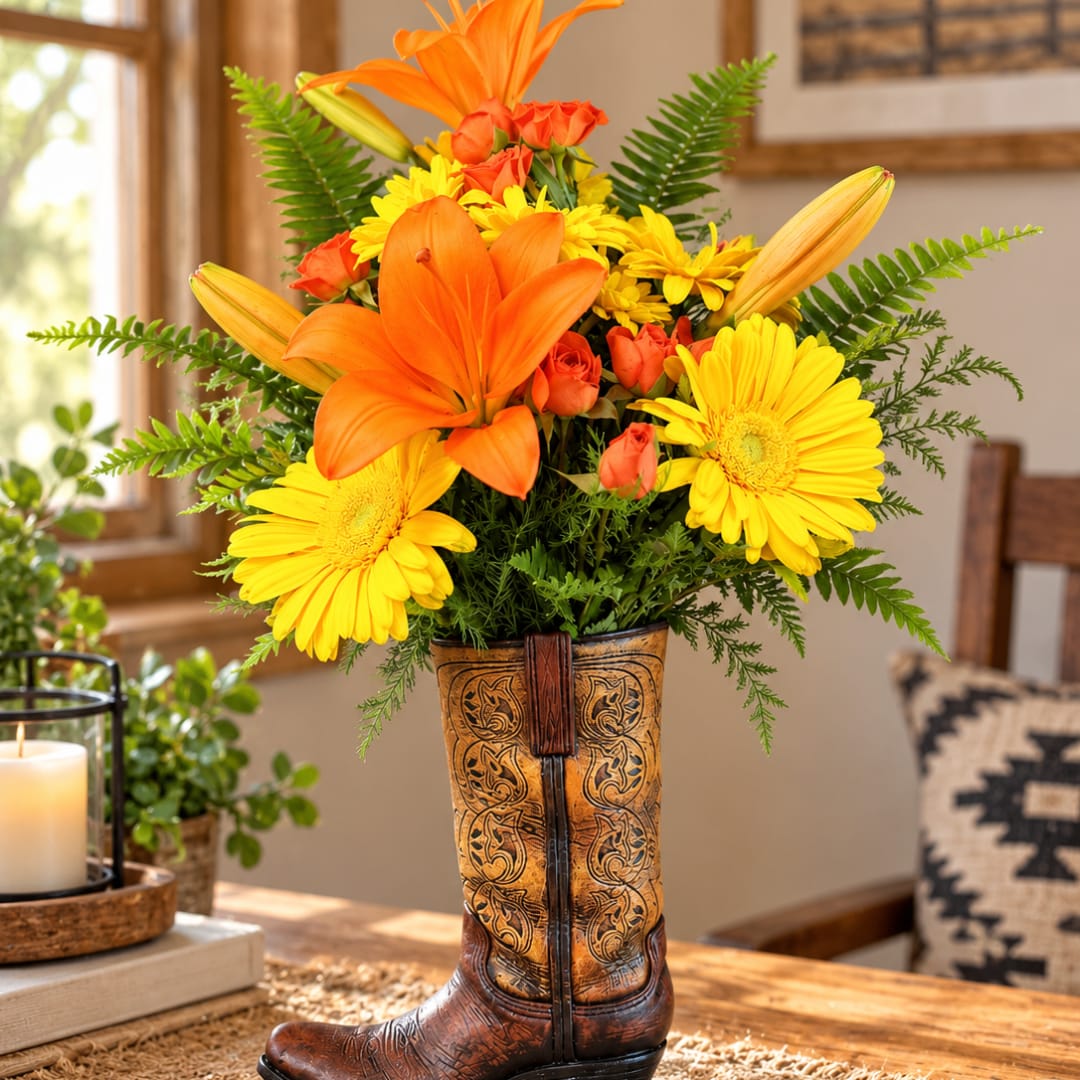 Orange lilies and yellow daisies arranged in a decorative boot vase.
