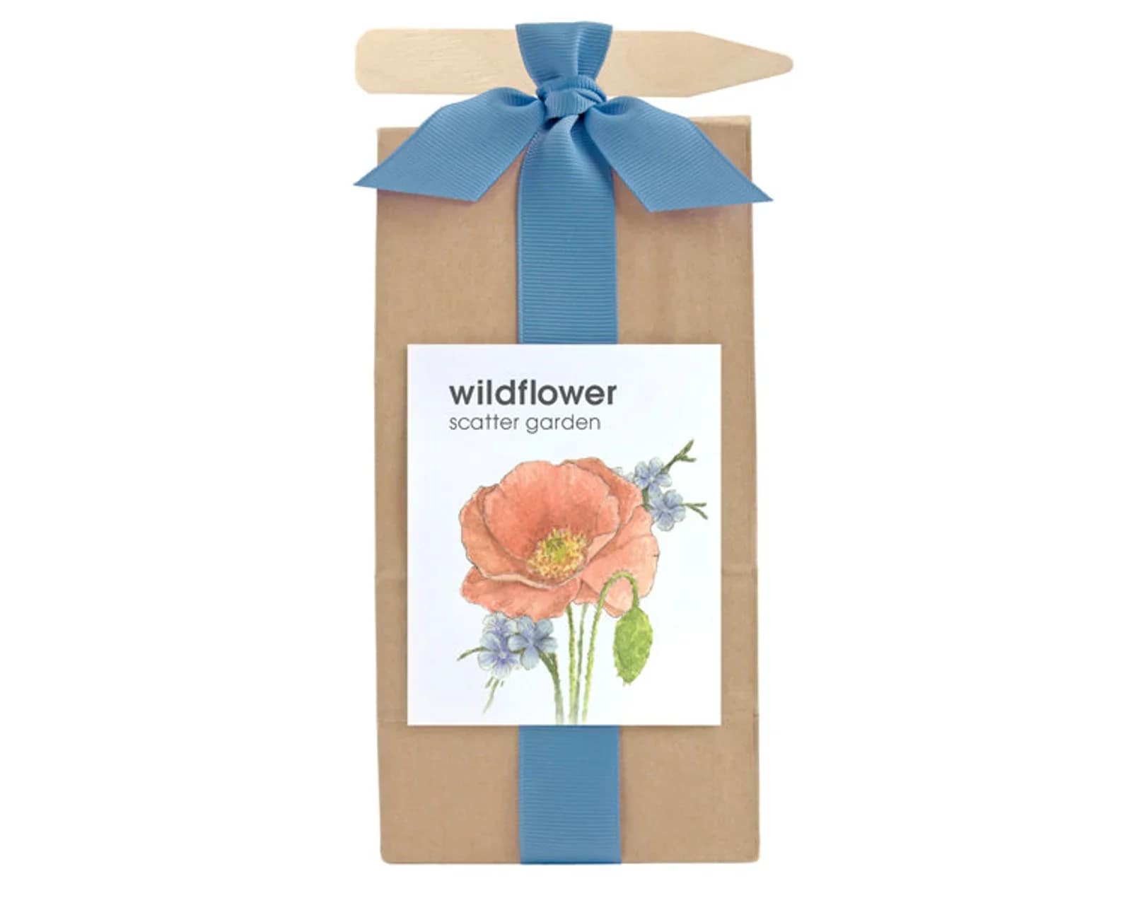 Wildflower Seed Kit - A charming, casual gift that celebrates new growth and simple beauty, this wildflower seed kit is perfect for a birthday, Mother's Day, or a "thinking of you" moment. The presentation reads like a handmade token-kraft paper gift bag, wide blue ribbon, and a little wooden tag-that sends the clear message: give the gift of flowers and time. The wording on the printed card, "wildflower scatter garden," and the soft peach poppy illustration make it an especially thoughtful choice for someone who loves gardening or the outdoors.  This kit is ideal for the person who prefers experiences over things: the kind of gift that keeps giving as blooms appear through the season. Recommended for easy outdoor sowing, it's a low-fuss present that yields visible results-perfect for gardeners of all skill levels.