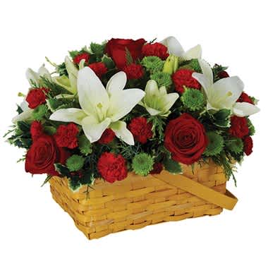 HOLIDAY GREETINGS BASKET - Product ID: BF203-11  Want to make this holiday season the one they will always remember? This unforgettable gift is the way to do it. White Asiatic lilies, red roses, red mini carnations and green button poms are skillfully arranged in a splitwood basket. Small Measures 10"H by 14"L. Medium Measures 11"H by 15"L. Large Measures 12"H by 16"L.