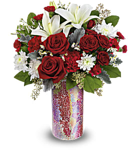 Teleflora Love Sparkles Bouqt  - Red Roses, Red Spray Roses, White Lilies, Red Carnations, Red Mini Carnations, White Cushion Mums In a Red Vase 