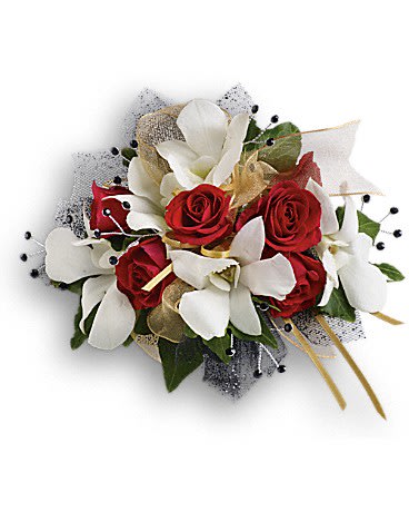 Star Studded Corsage - Steal the spotlight in wondrous white orchids and classic red roses.