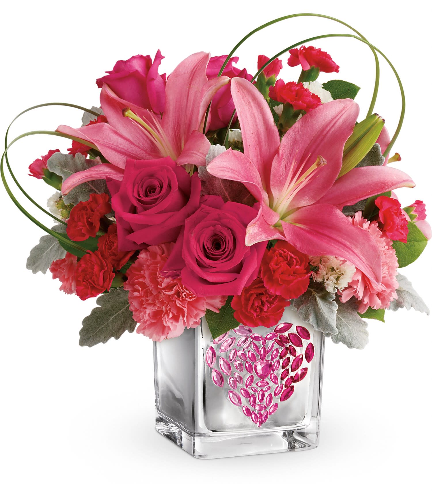 Teleflora's Jeweled Heart Bouquet PM - Your love is a gem. This Valentine's Day, tickle their fancy with a perky pink bouquet, presented in a mirrored glass cube with hand-applied, pink ombre jewels! 