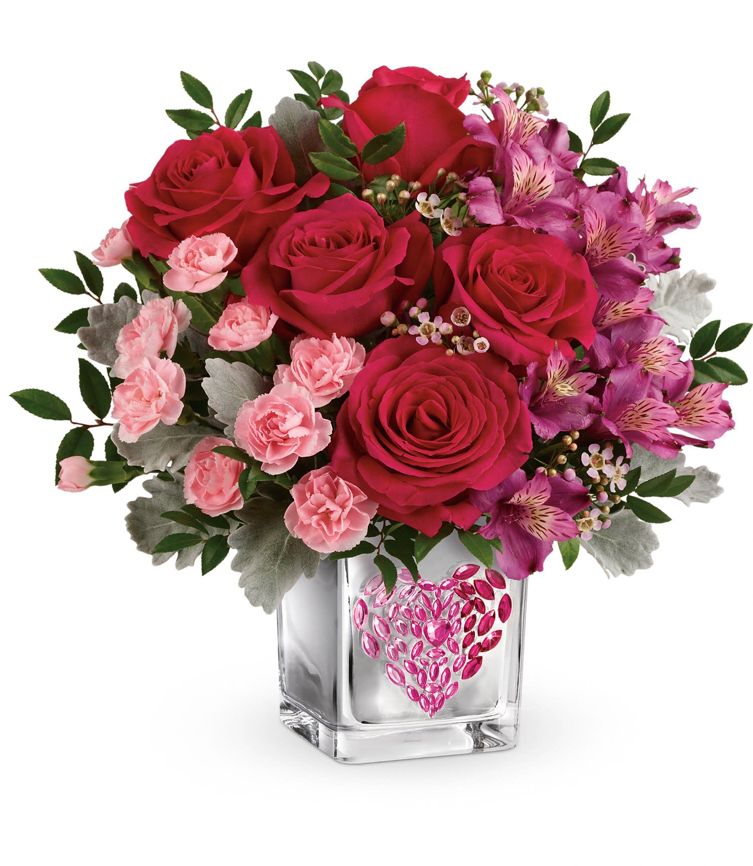 Teleflora's Young At Heart Bouquet PM - Celebrate your sweetheart with this hot pink bouquet, delivered for Valentine's Day in a shimmering mirrored cube with a pink ombre rhinestone heart! 