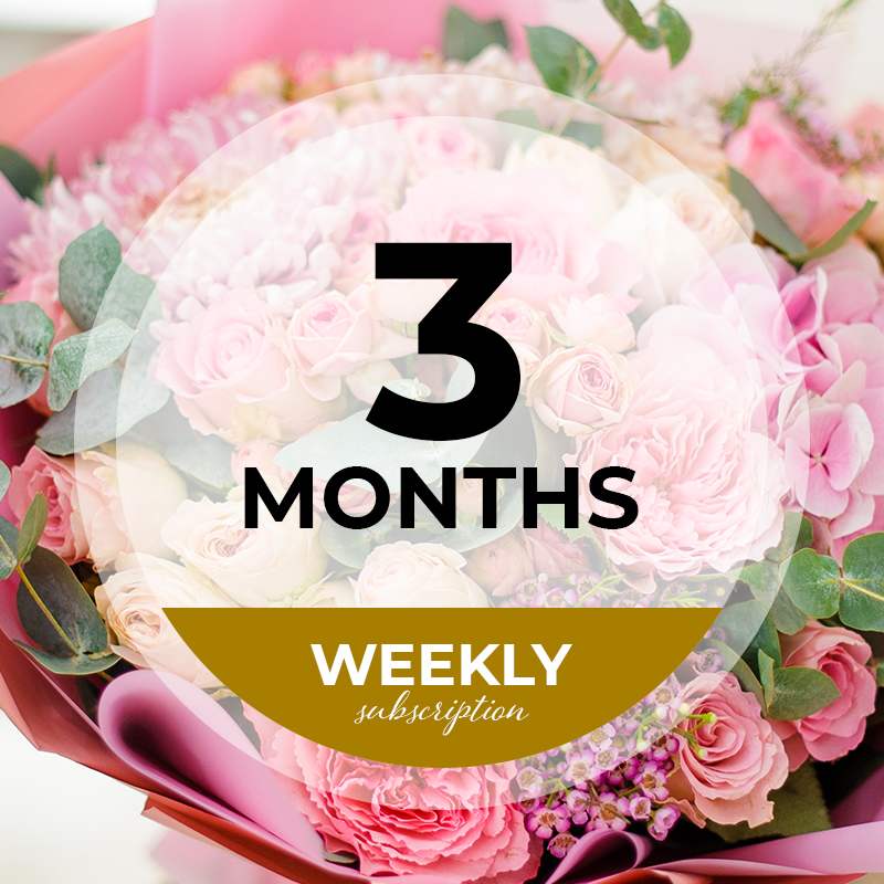 Pink rose bouquet with a "3 months" weekly subscription label