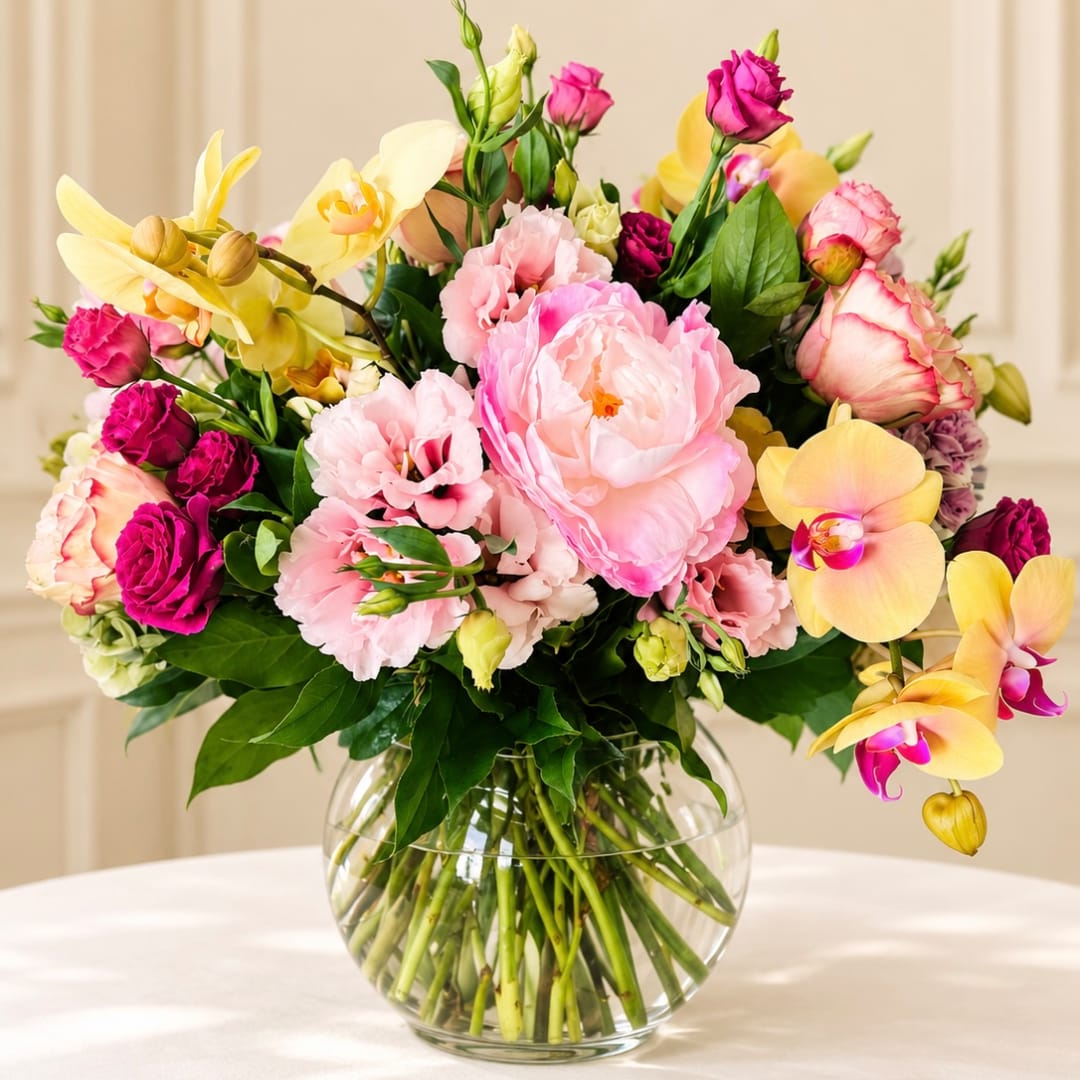 Pink and yellow mixed bouquet in a clear glass vase