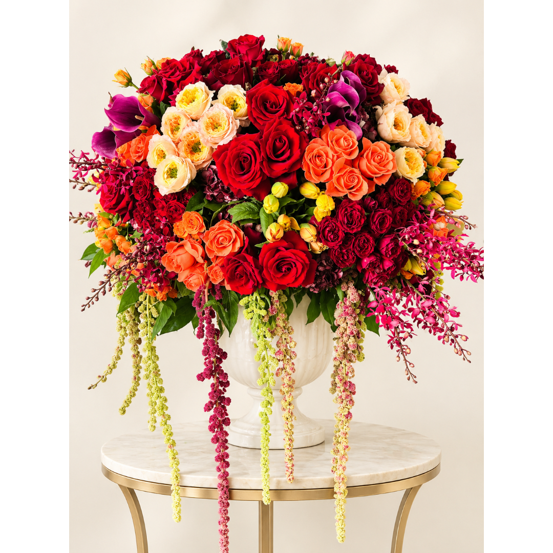 Large mixed rose arrangement in a white urn with cascading blooms