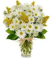 Bouquet of white daisies and yellow flowers in a clear glass vase