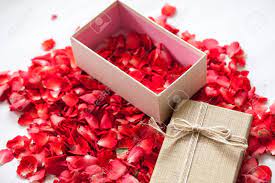Gift boxes surrounded by red rose petals