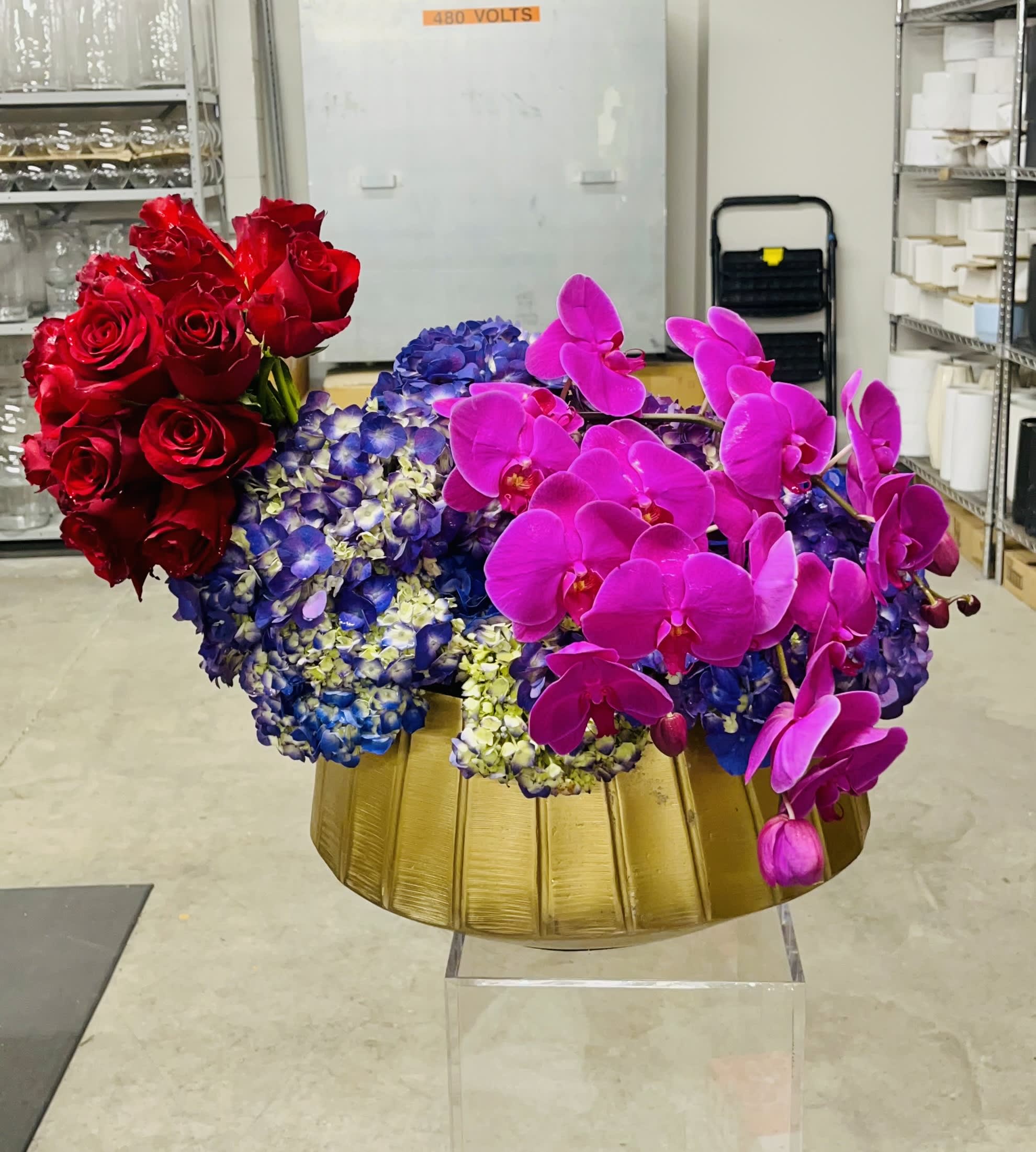 Red roses, blue hydrangeas, and pink orchids arranged in a gold bowl