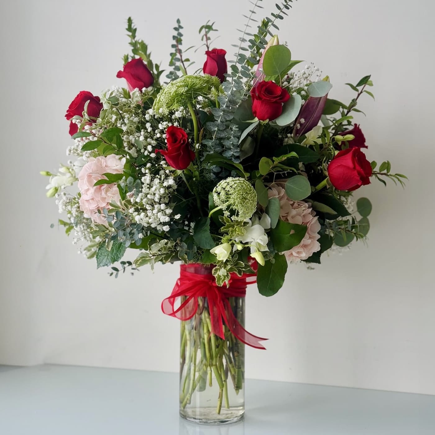 1 Dozen Roses Arrangement Premium - Red Roses, Hydrangeas, Orchids, Lilies, Greenery