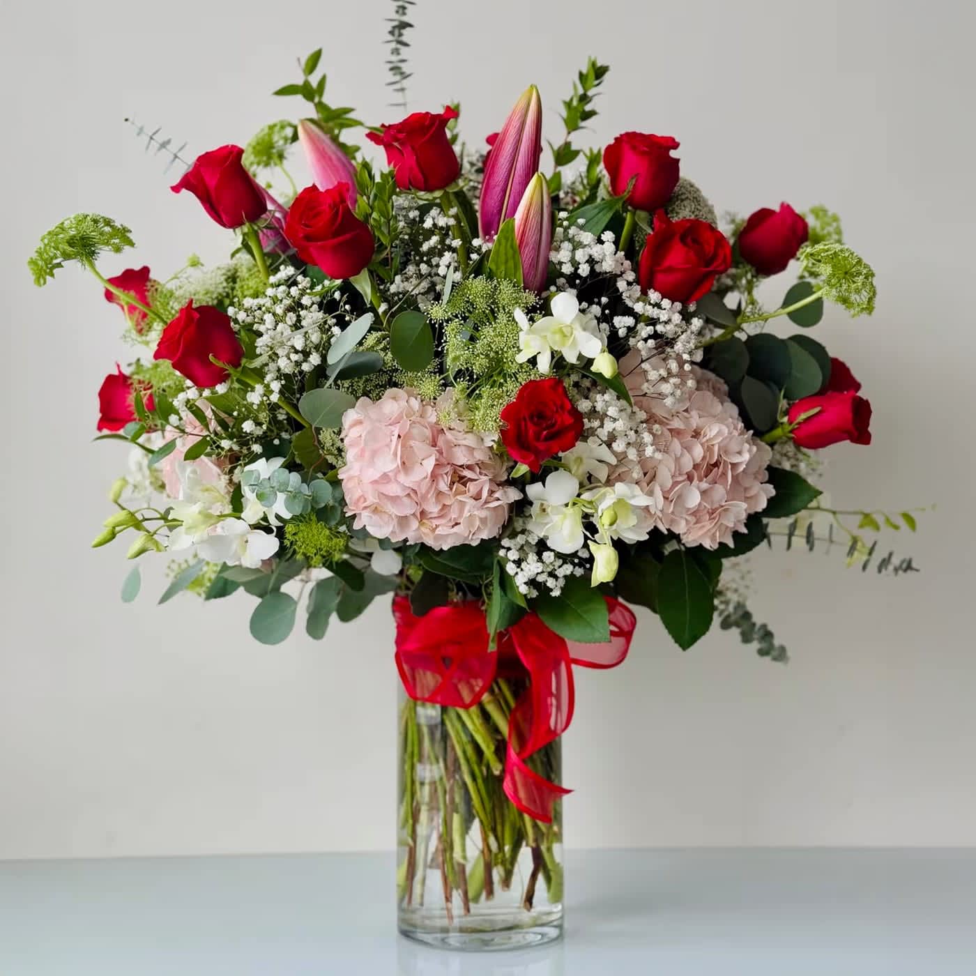 2 Dozen Roses Arrangement Premium - Red Roses, Orchids, Hydrangeas, Lilies