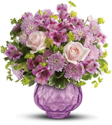 Lavender Chiffon Bouquet - Like fine chiffon, this luxurious lavender bouquet is fabulously feminine and delightfully delicate. She'll love the beautiful blooms today, the brilliant gem votive vase tomorrow, and you - forever!  Includes light pink roses, lavender alstroemeria and cushion spray chrysanthemums, accented with fresh pops of green bupleurum and pittosporum. 