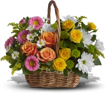 Mixed flower basket with roses, daisies, and chrysanthemums