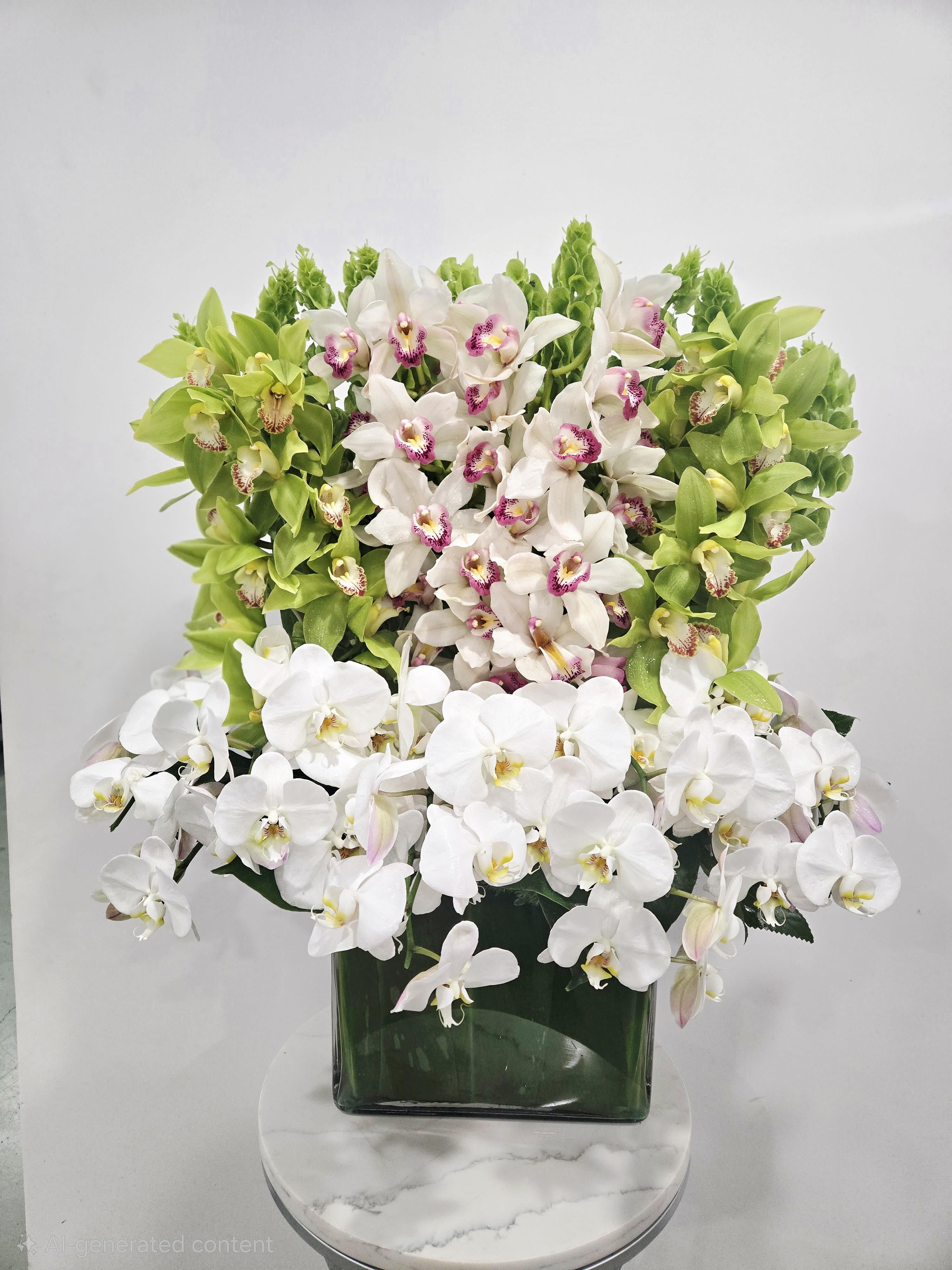Orchidaceous - A stunning composition of white and green cymbidium orchids and white phalaenopsis orchids cascading down.