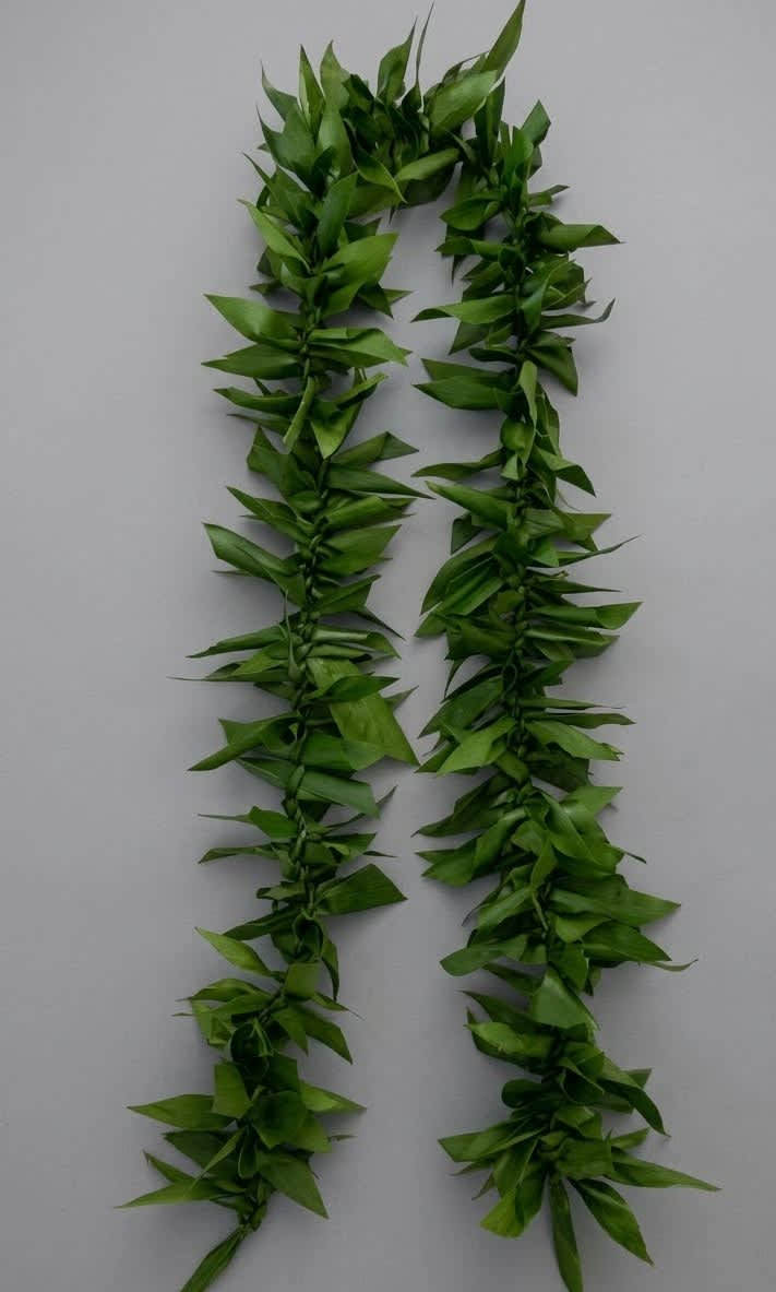 Two strands of green leaf garland laid on a plain gray background.